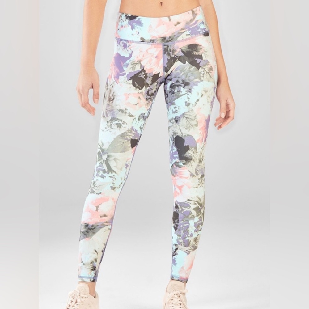 Fabletics PowerHold Secret Garden Floral Leggings Women’s Small Pink Gray